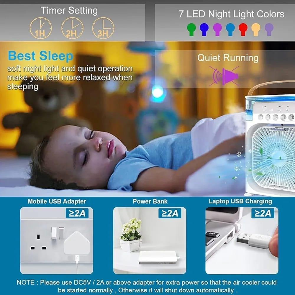 Multi-Function Portable Desktop Air Cooler Fan – High-Velocity Cooling with LED Lighting, Adjustable Speed, and Built-in Humidifier Mist (Size 10 Inch)