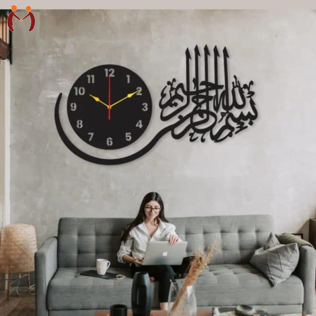3D Islamic Calligraphy Wall Clock Black Modern Art-M